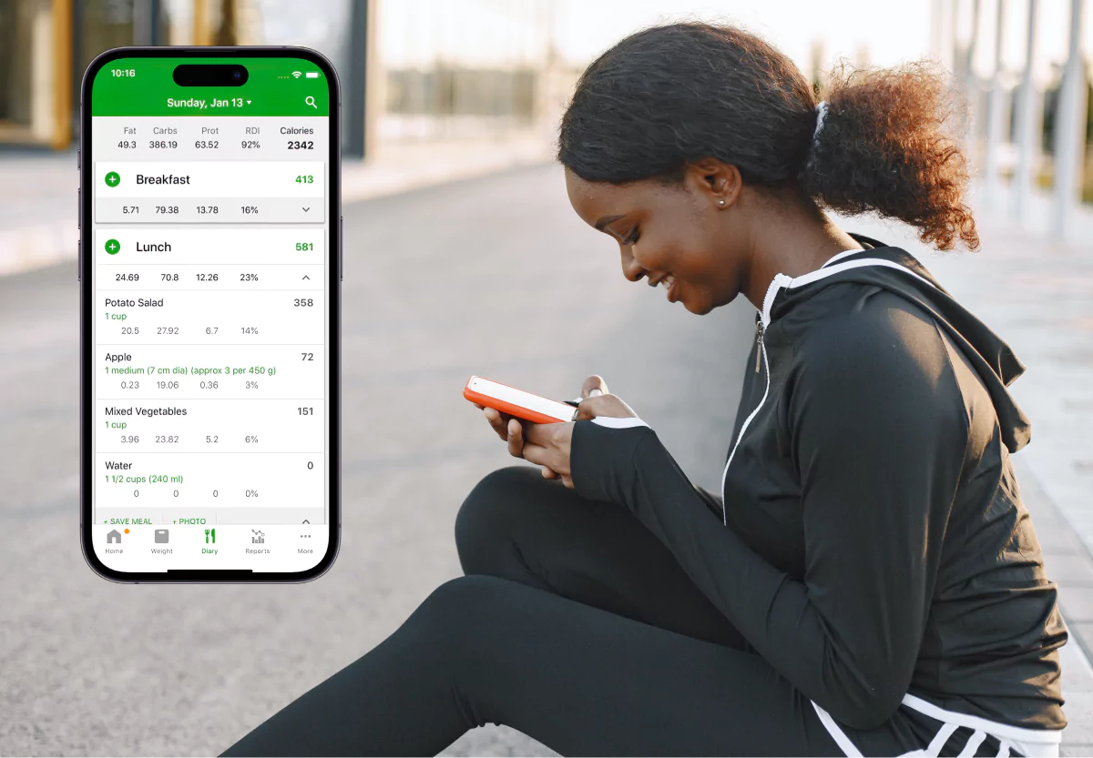 a screenshot of the fatsecret app and a woman in gym clotes