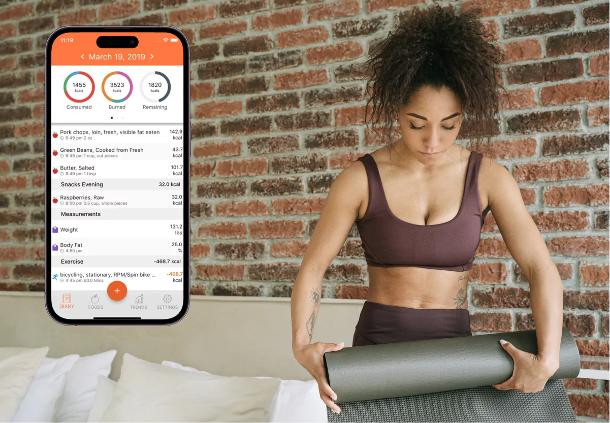 a screenshot of the chronometer app and a woman doing yoga